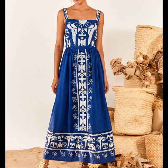 Farm Rio Navy Macaw Embroidered Maxi Dress Navy blue - Picture 3 of 16